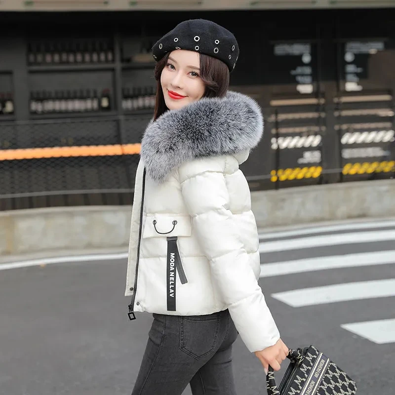 Cropped Jacket Women Slim Fur Collar Hooded Solid Color Zipper Winter Coat Thick Warm Cotton Padded Parkas Elegant Lady Outwear