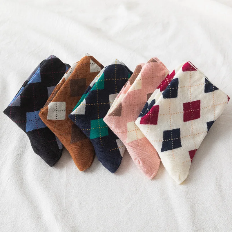 Women Sock Rhombus Woman Socks Short Plaid Womans Crew Casual Cotton Sox Girls Diamond Trendy Vintage Skarpetki Calcetines Mujer