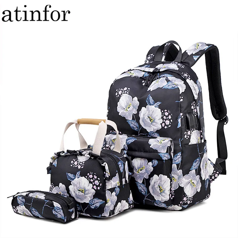 atinfor Brand 3pcs/set Waterproof Women Set Backpack for Teenagers with Lunch Box Bags Flower Print Student Laptop Bag