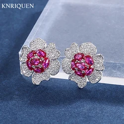2021 Trend Vintage High Carbon Diamond Ruby Gemstone Flower-Shaped Stud Earrings for Women Female Jewelry Statement Wholesale