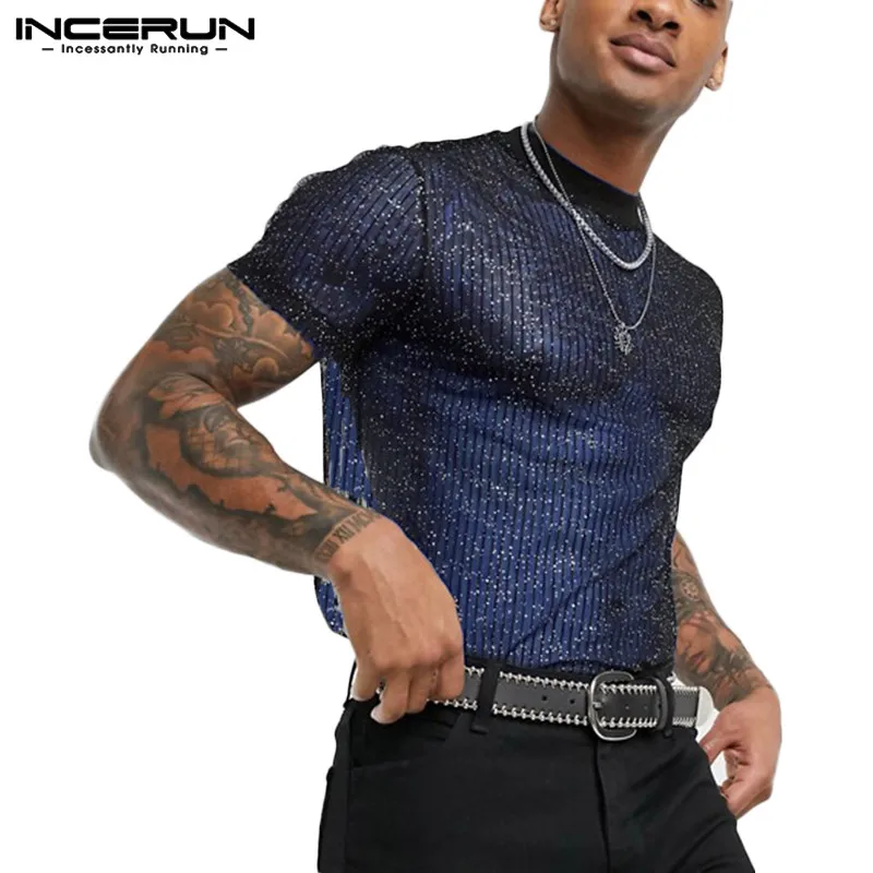 INCERUN 2023 Fashion Men Mesh T Shirt See Through Short Sleeve Slim Shiny Party Nightclub Sexy T-shirts Thin Breathable Camiseta