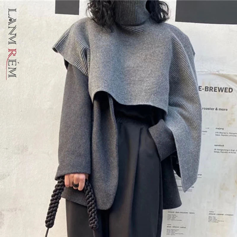 LANMREM 2024 Winter New Women Loose All-match Solid Color Irregular Cloak High Collar Sweater Female Casual Fashion 2W675