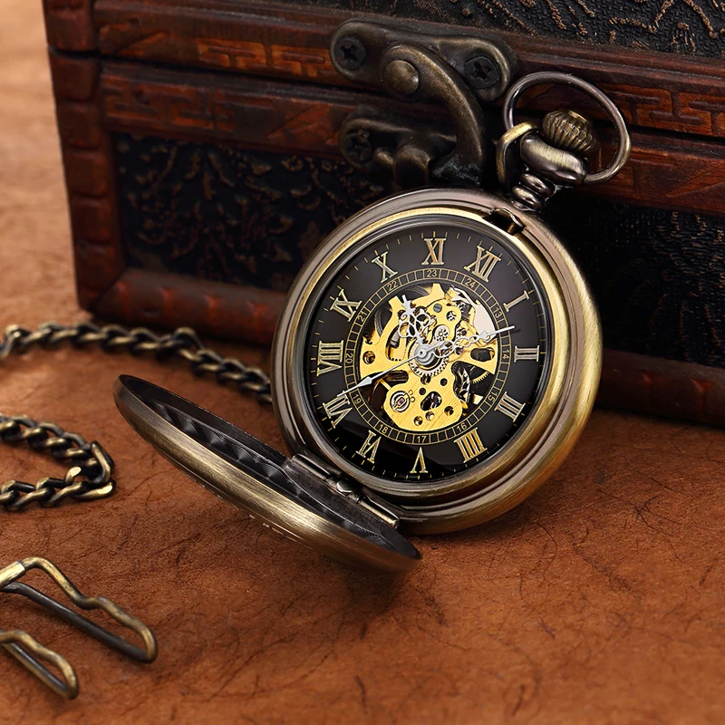 Retro Hand Wind Mechanical Pocket Watch FOB Chain Locket Dial Hollow Steampunk Skeleton Men Women Mens Clock Watches Box Top