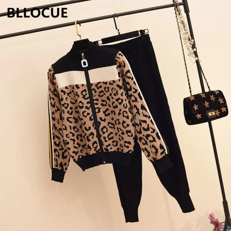 BLLOCUE 2020 New Winter Warm Women Leopard Zipper Sweater Cardigan Suits + High waist Chic Two Piece Pants Sporting Suits