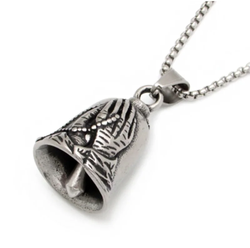 Fashion Trendy Silver Color Black Prayer Hands Bell Both Sides Biker Bell Pendant Necklaces for Men