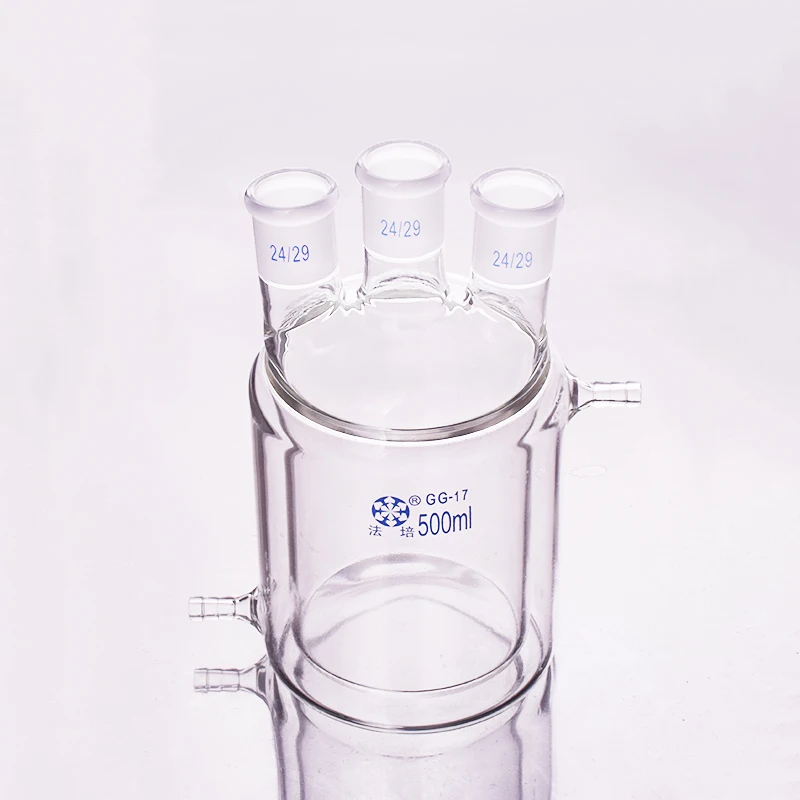 Double-deck cylindrical three straight necks flat bottom flask,Capacity 500ml,Joint 24/29,Mezzanine jacketed reactor bottle