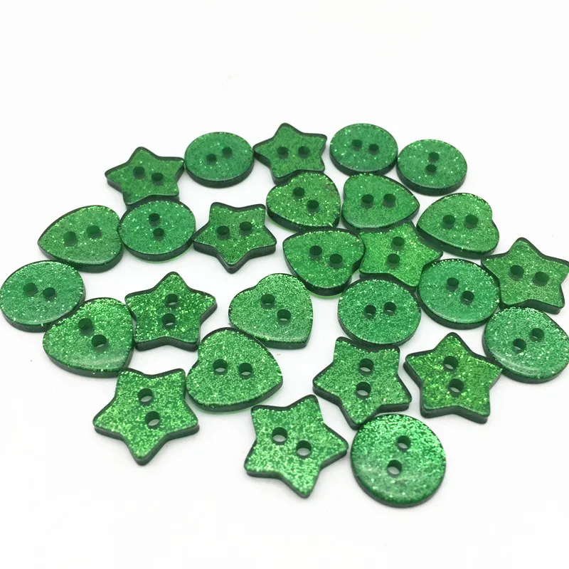 50pcs Dark Green Glitter Heart Star Round Shaped Buttons 2 Holes Sewing Accessories Embellishment DIY Sparkle Crafts Scrapbook