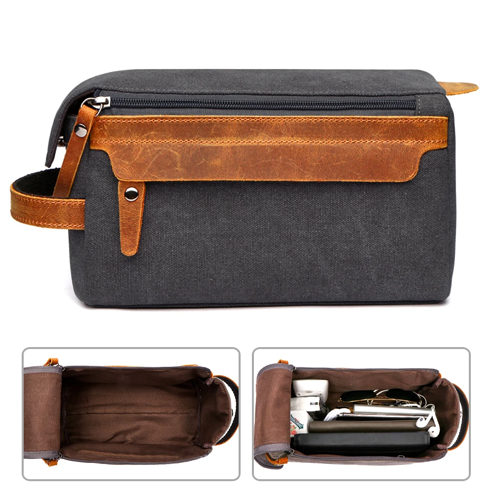 Acoki Travel Cosmetic Wash Bag Unisex Toiletry Bag Vintage PU Canvas Compact Travel Make up Men Shaving Bag with Handle