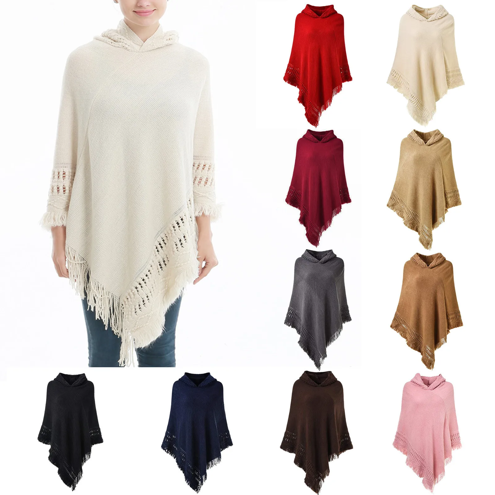 

Winter Women Scarf Shawls Women's Knit Warm Batwing Cape Tassels Poncho Cloak Jacket Coat Winter Outwear Fashion Cloak Sweater