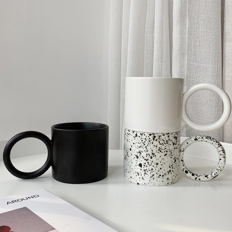 

Ceramic Big Round Circle Handle Mugs Creative Personalized Cups White Black Splash-ink Milk Water Tea Kitchen Tableware Gift