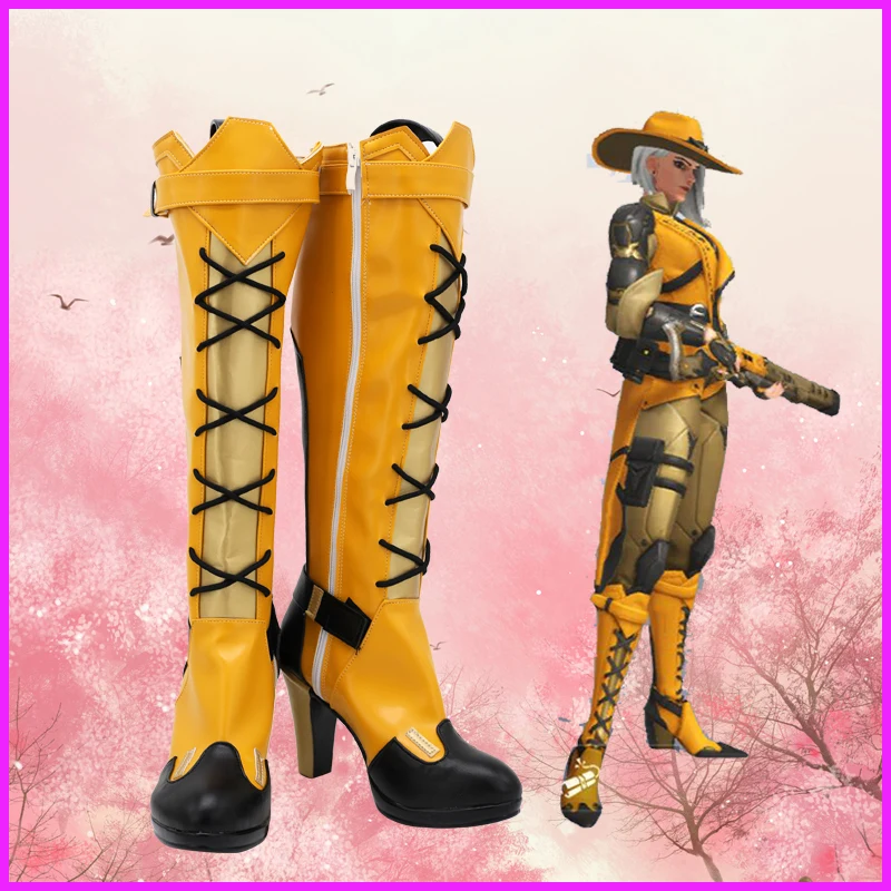 

CosplayLove OW Game New Hero Ashe Yellow Coslay Shoes Long Boots Leather Custom Made