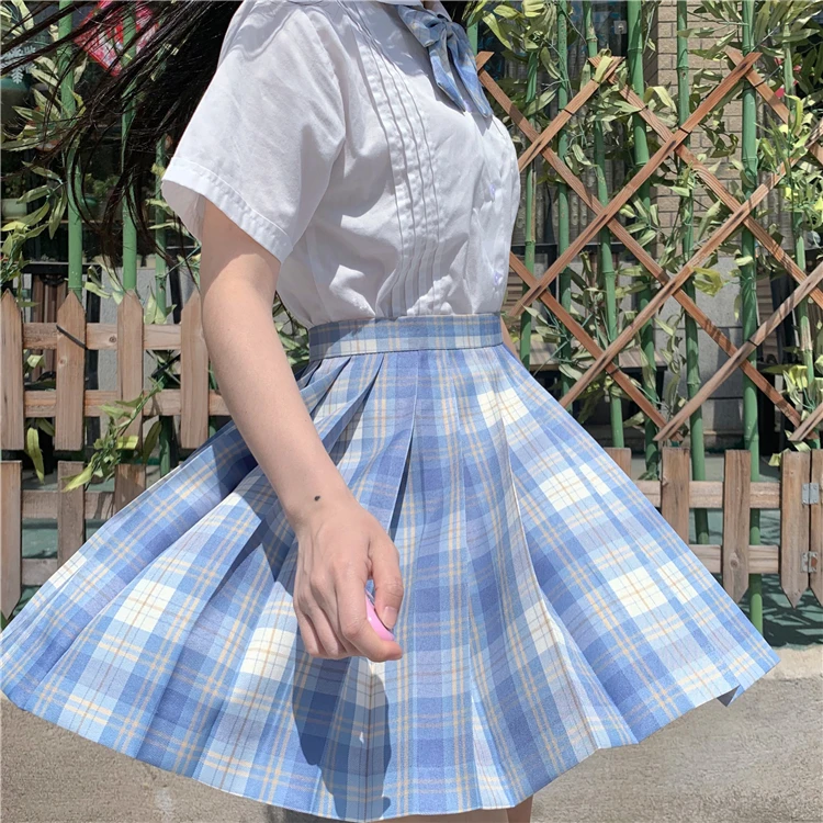 Japanischen College Wind JK Uniformen Kurzarm Studenten Weißes Hemd Hohe Taille Plaid Plissee Rock Stück Weibliche Sommer