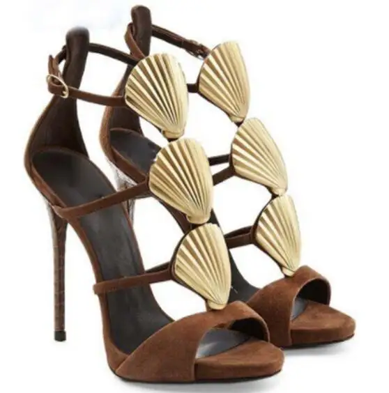 Dipsloot Woman Chocolate Suede Golden Shells Cover Heel Summer Sandal Female Ankle Strap Thin Heels Gladiator Cut Out Sandals