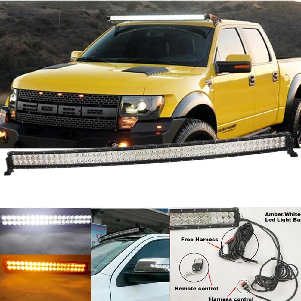 

Remote Control 300W 52inch Curved White Amber LED Light Bar Flashing 24modes Waterproof for Jeep Van Wagon Pickup Off-road