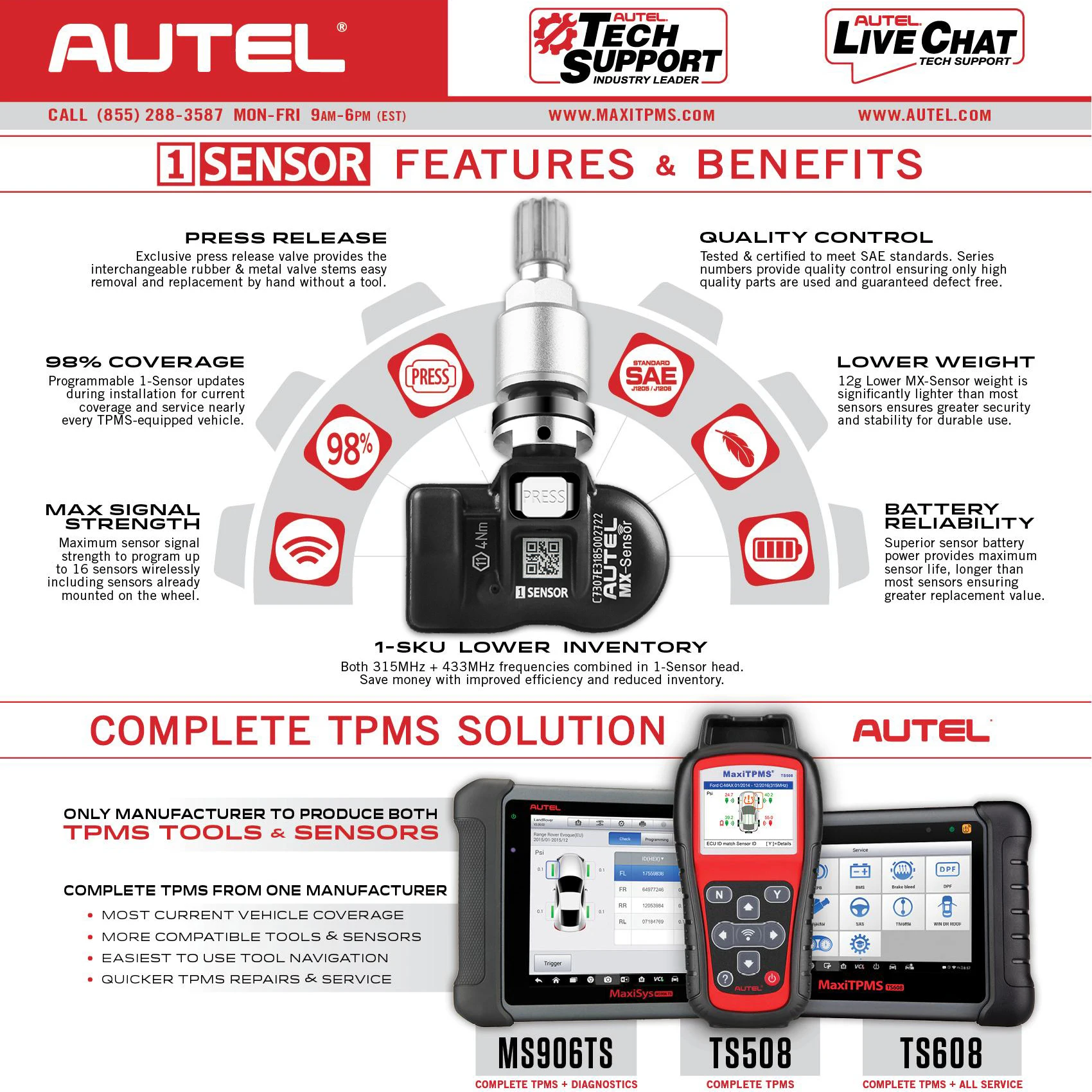 Autel TPMS Sensor MX-Sensor 2 in 1 Tire Repair Tools TPMS Sensor Support Programing With TS501 TS508 Equal 433 MHZ+315MHZ