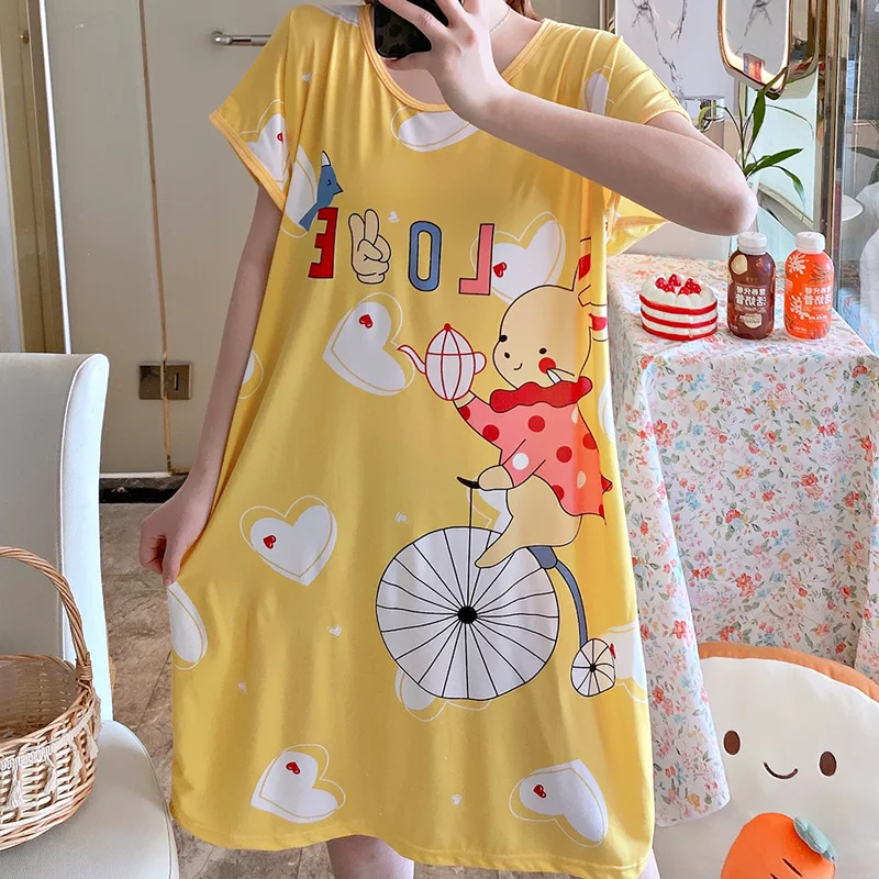 Summer Night Wear Loose Thin Youth Nightdress Cartoon Printed Sleep Wear Short Sleeve Casual Girls Students Sleepwear Loungewear