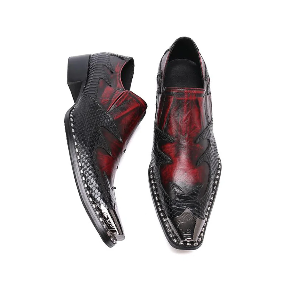 Zapatos Brogue de charol genuino para hombre, calzado de negocios, sin cordones, vestido rojo, punta estrecha, talla 38-46, boda