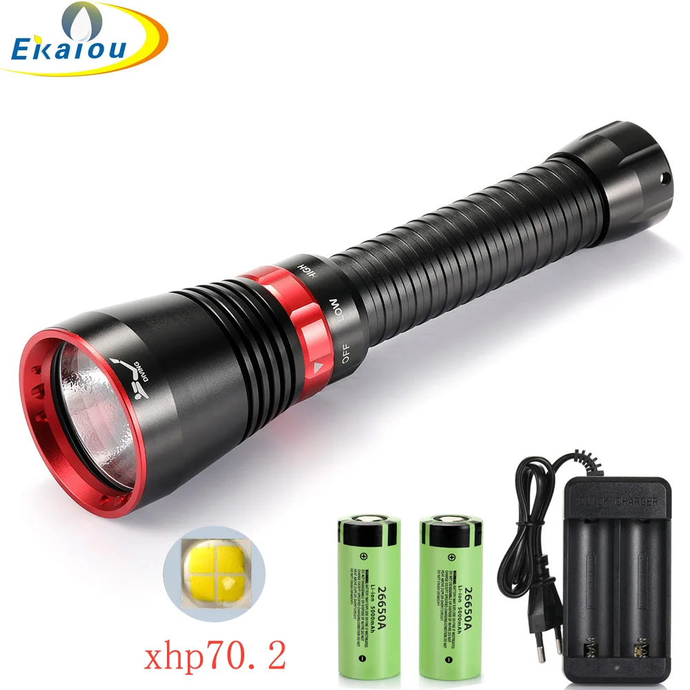 Lampe de poche professionnelle de plongée 6000 Lumens XHP70.2 LED, lumière blanche/jaune, torche tactique sous-marine étanche, pour la chasse