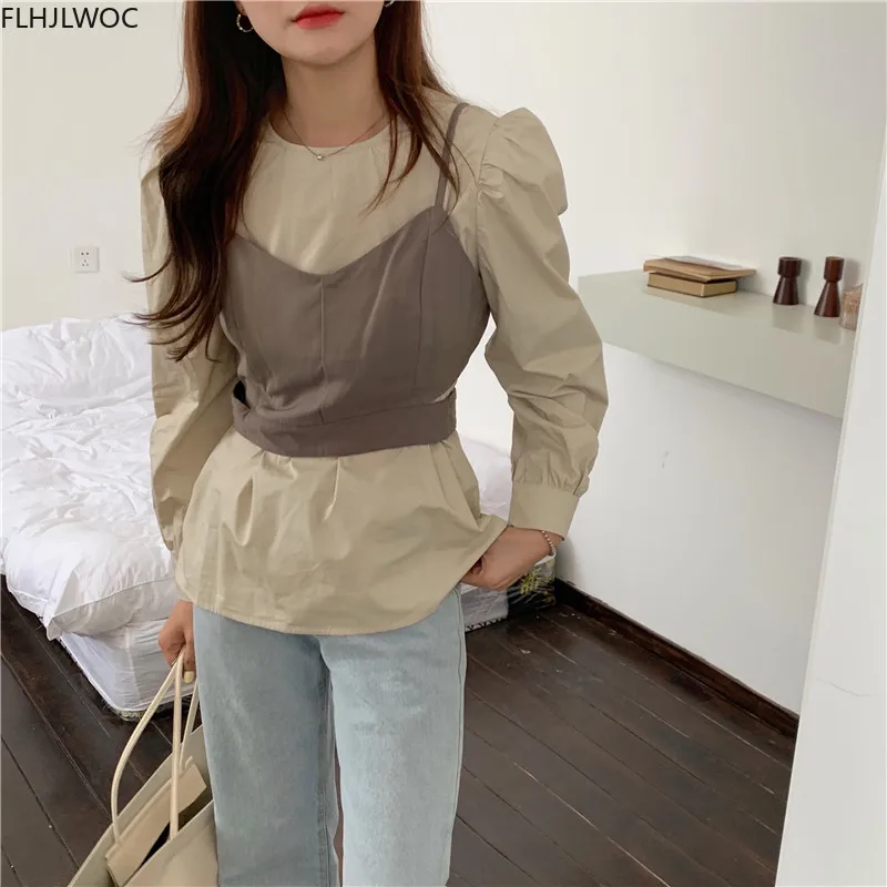 2020 Autumn Design Logn Sleeve Korean Chic Tops Cute Sweet Preppy Style Girls Solid White Black Two Piece Outfits Top Blouses