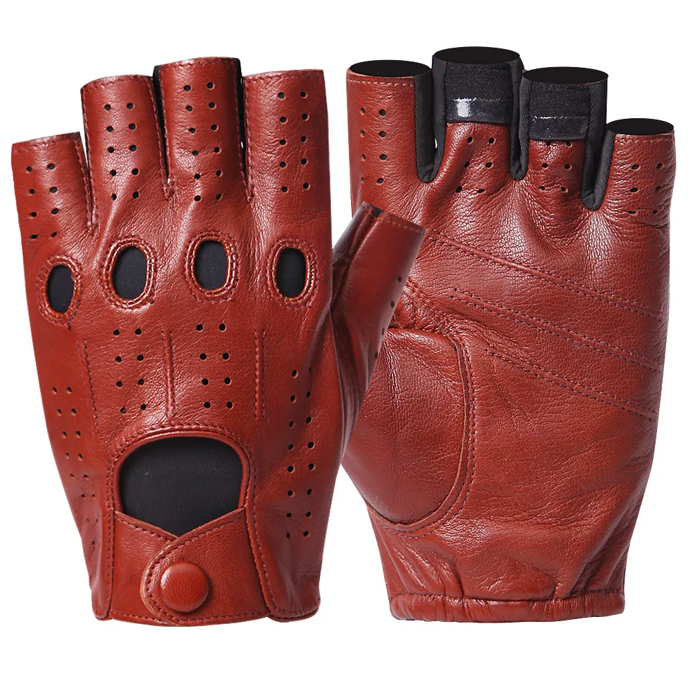 Real Leather Men Semi-Finger Gloves Summer Thin Driving Fingerless Breathable High Quality Sheepskin Gloves Male EM102