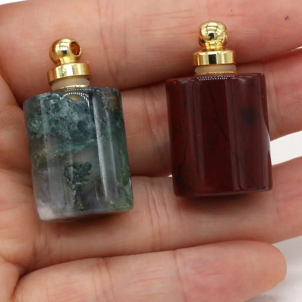 6PCS Natural Semi-precious Stone Flat Cylindrical Essential Oil Perfume Bottle Pendant Making DIY Necklace Jewelry Gift