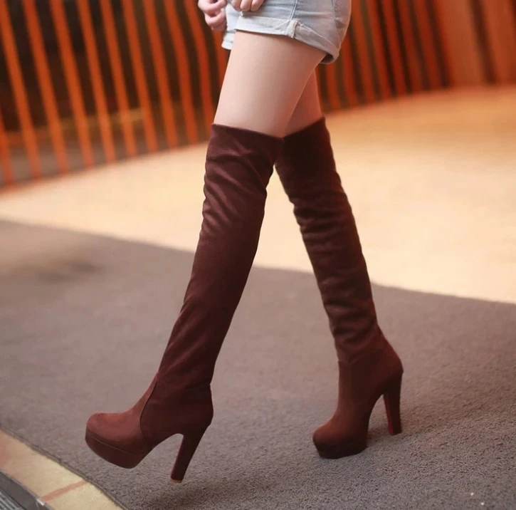 Women Boots Long High Heels Shoes Slip On Over The Knee Sexy Boots Female Platform Ankle Patchwork Flock Two Ways Wear Size42 43