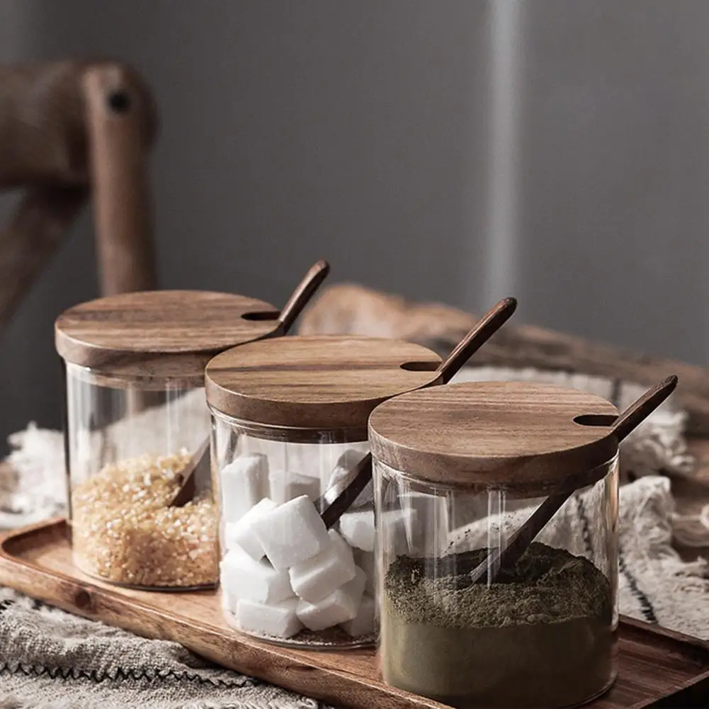 Salt Jar With Spoon Seasoning Box Wood Lid Cooking Tools Glass Sugar Milk Powder Spices Storage Cases Kitchen Spice Jar