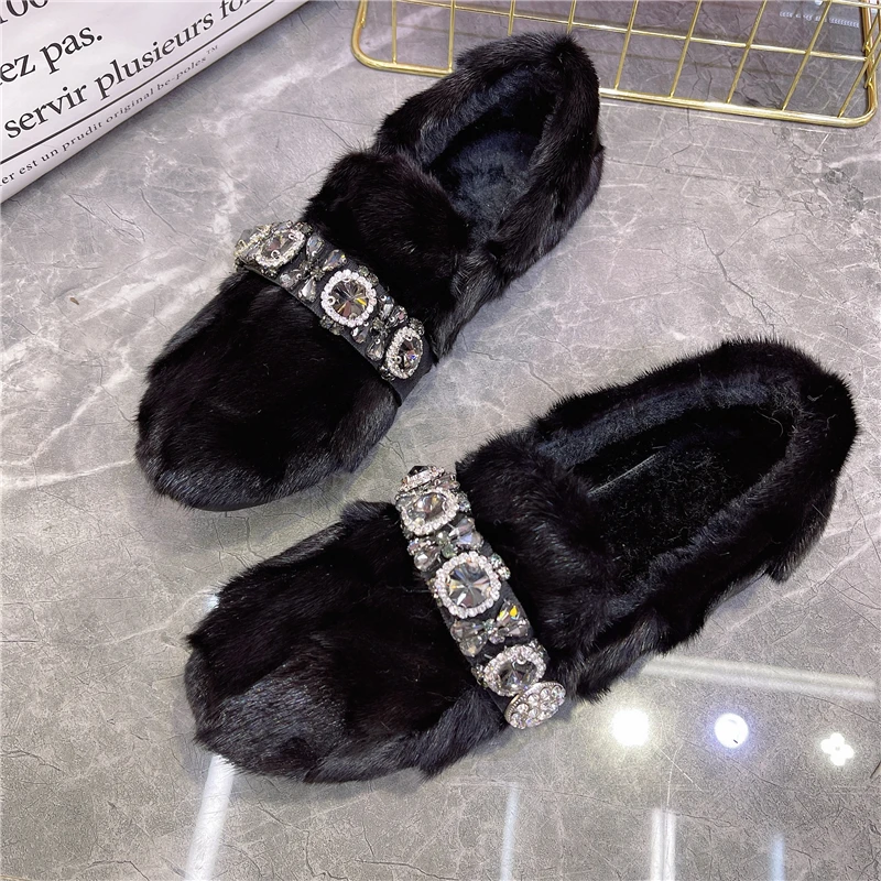 Black Women Crystal Casual Loafers Winter Warm Fur Smoking Shoes Woman Big Size Espadrilles Ladies Flats Creepers