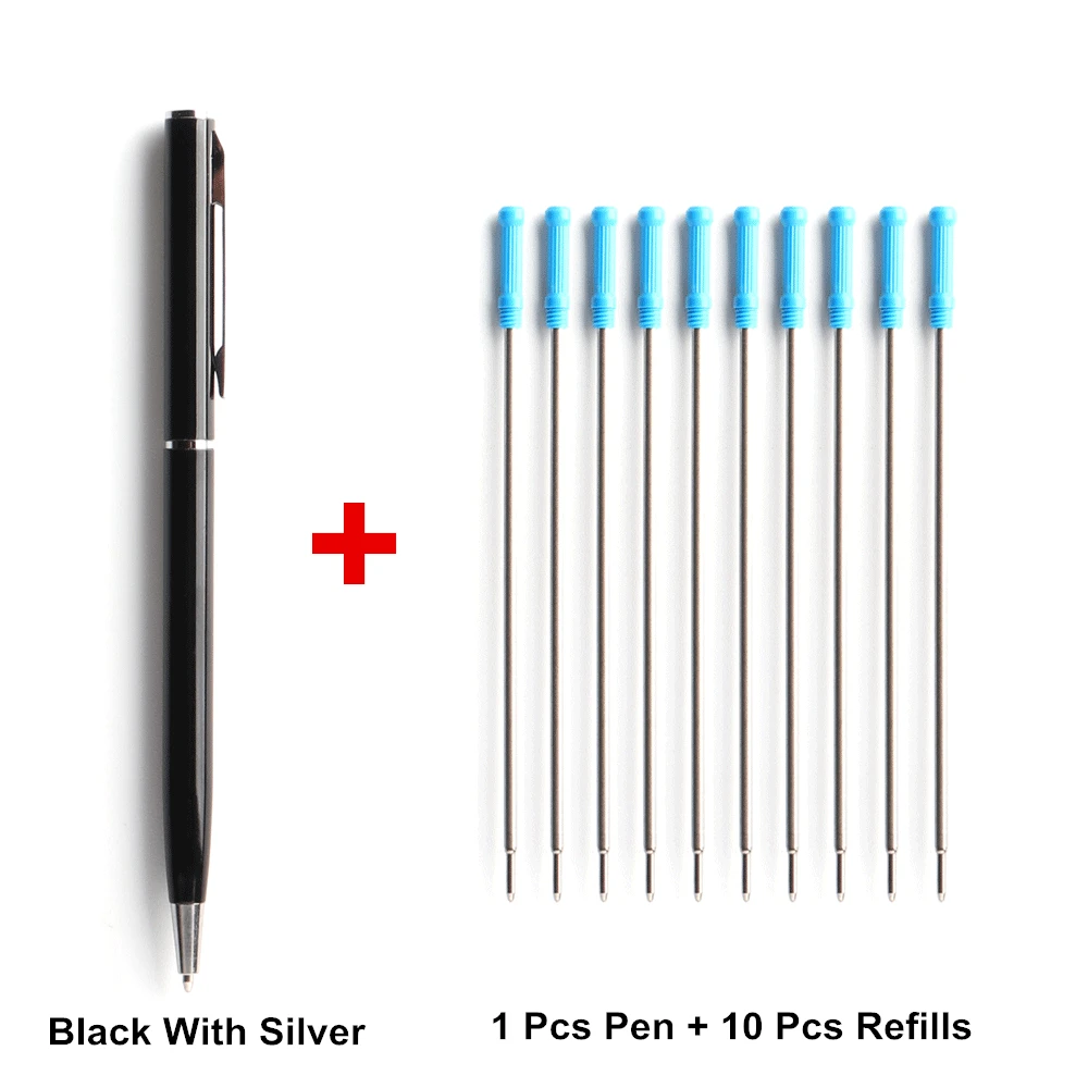 1+10Pcs/Set Metal Ballpoint Pen With Refills For School Office Stainless steel Material Rotating Stationery Supplies Pens