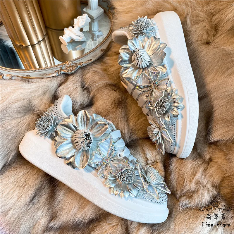 Women Sneakers Lovely Beautiful Crystals Bow Flowers Silver New Design Platform Fashion Diamond Butterfly Girls Comfortable Shoe