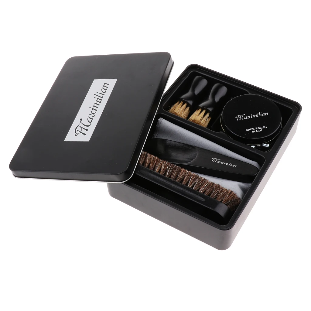 8pcs/set Shoes Care Kit Cleaning Shine Polish Brushes Set With Iron Tin Box