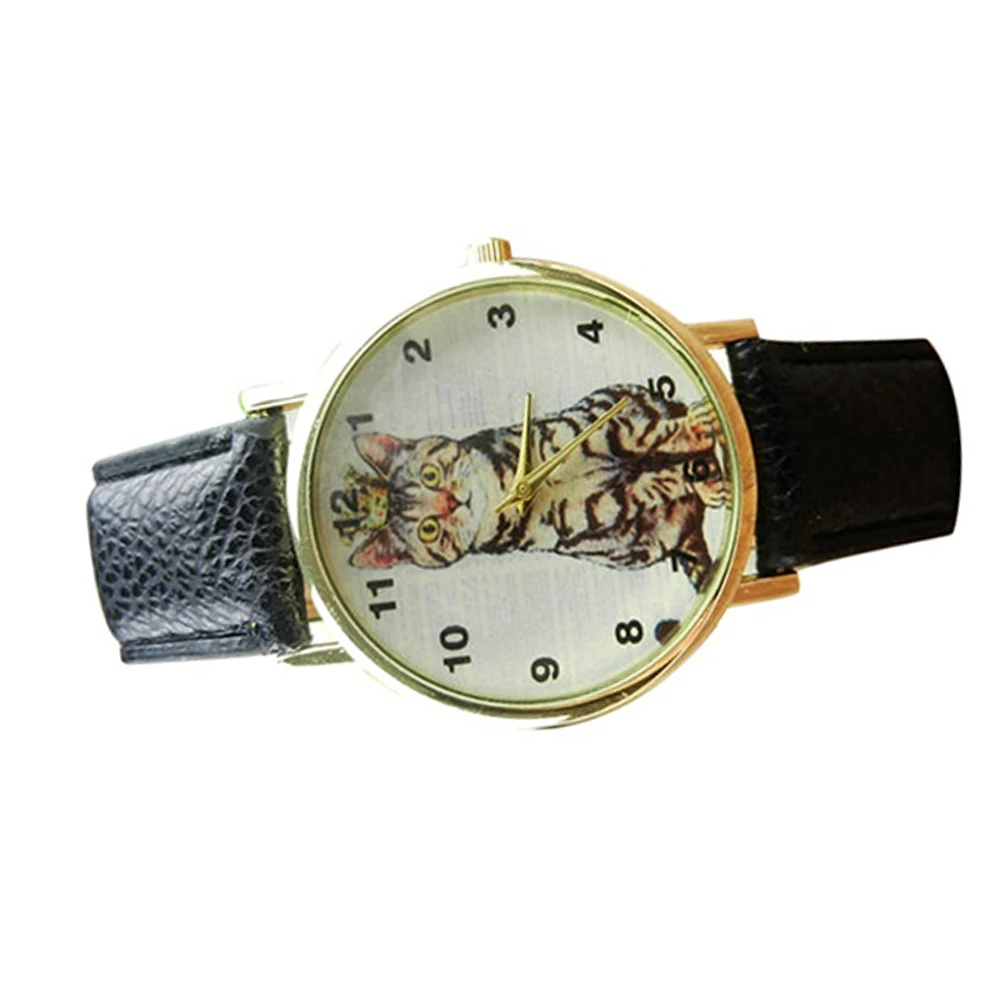 Lovely Cat Arabic Numerals Dial Faux Leather Band Analog Quartz Wrist Watch