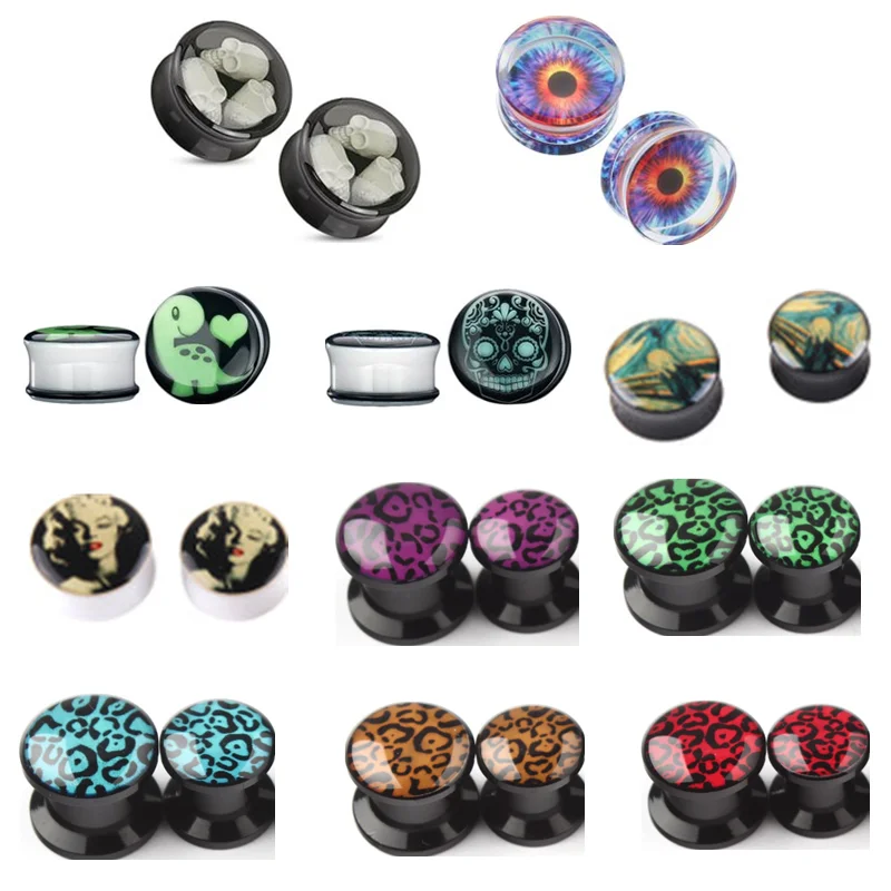1Pair Acrylic Luminous Skull Ear Plug And Tunnels Eyes Leopard Ear Guages Stretchers Expander Dermal Piercing Oreja Body Jewelry