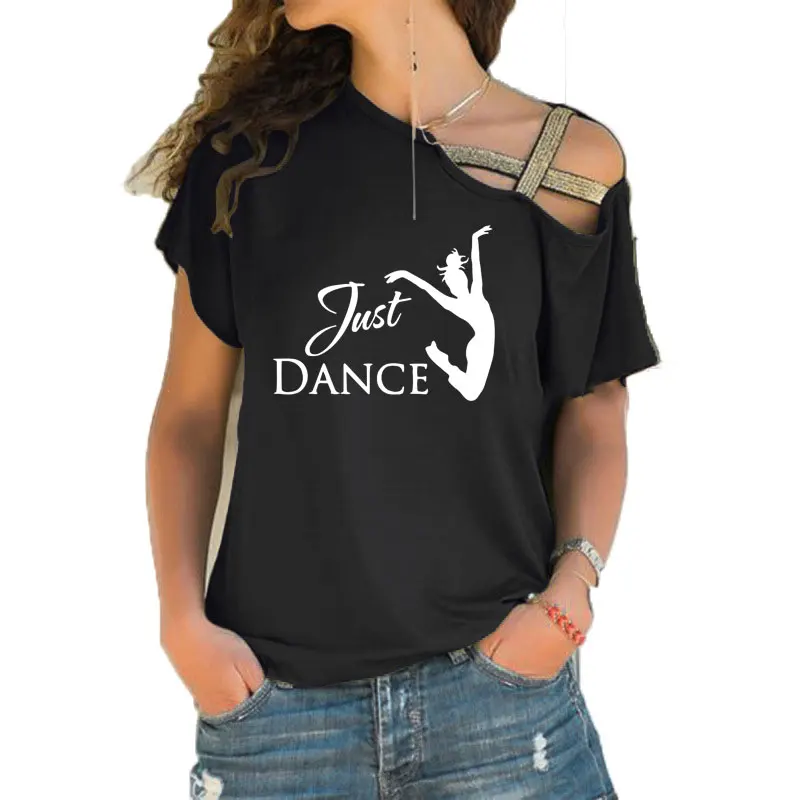 Fun just dance Girl Tee Shirt Female Dancer Shirt funny women fashion Irregular Skew Cross Bandage style tee tops