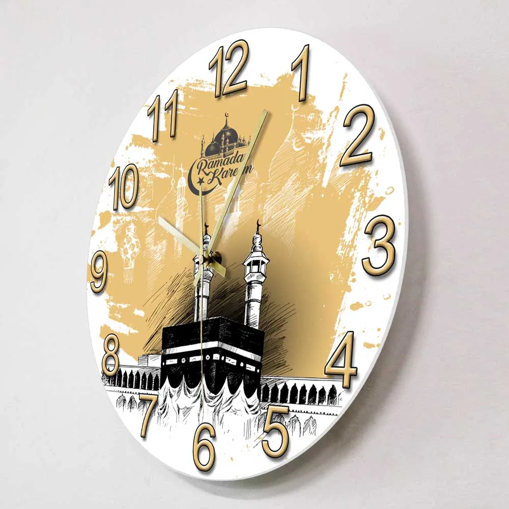Mecca Holy Kaaba Modern Design Silent Wall Clock Saudi Arabia Ramadan Kareem Mosque Minimalist Wall Art Home Decor Clock Watch