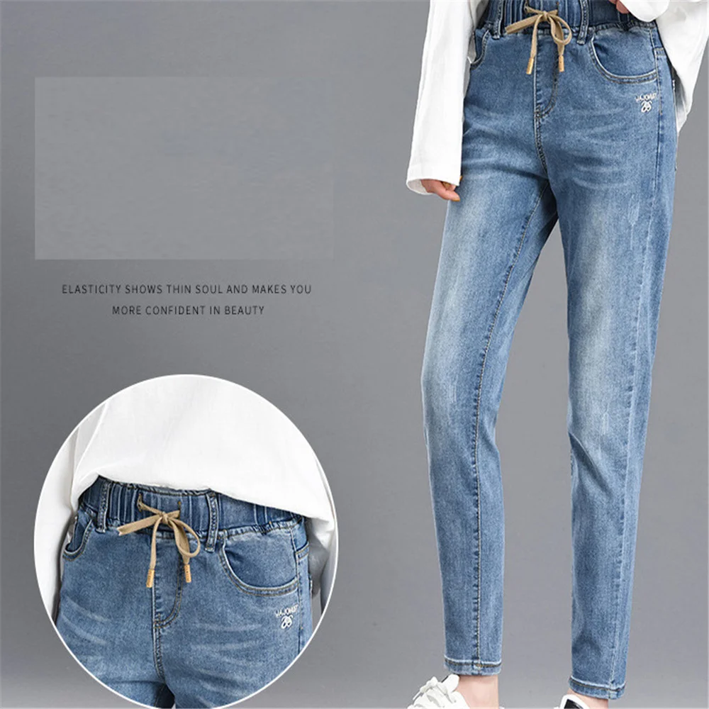 Jeans Pinggang Elastis Wanita Celana Elastis Menarik Elastis Kaki Lurus Longgar Pacar Celana Elastis Mode Jepang Korea Ouc288