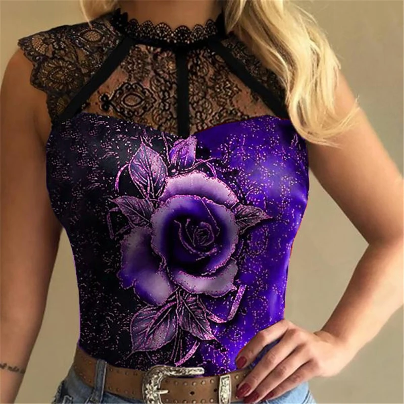 Floral Tank Top Women Gothic Style Sleeveless Graphic Tee Summer Streetwear Rose Print Elegant Blouse Aesthetic Vintage Lace Top