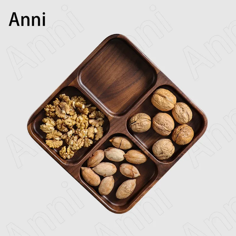 

Japanese Simplicity Solid Wood Trays Creativity Black Walnut Wood Divided Dried Fruit Snack Platter Coffee Table Organizer Tray