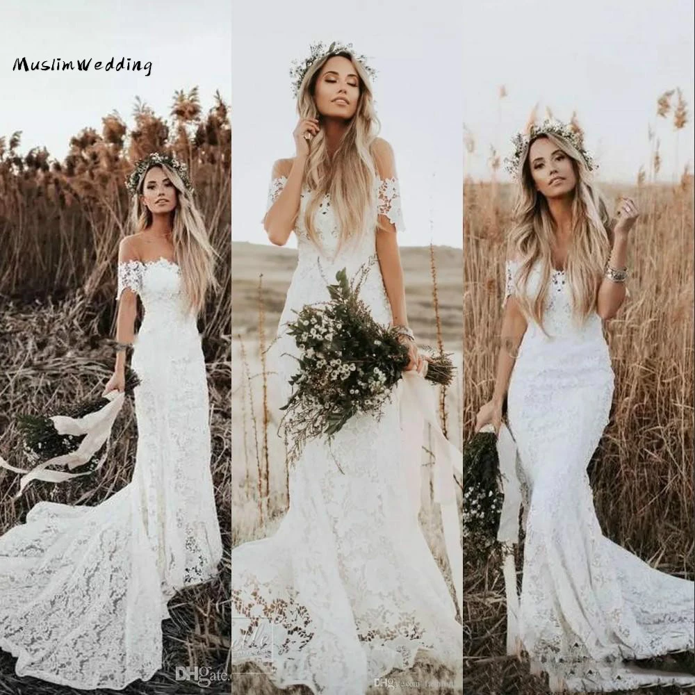 Vestido de novia de sirena de encaje, manga corta, bohemio, barato, 2020