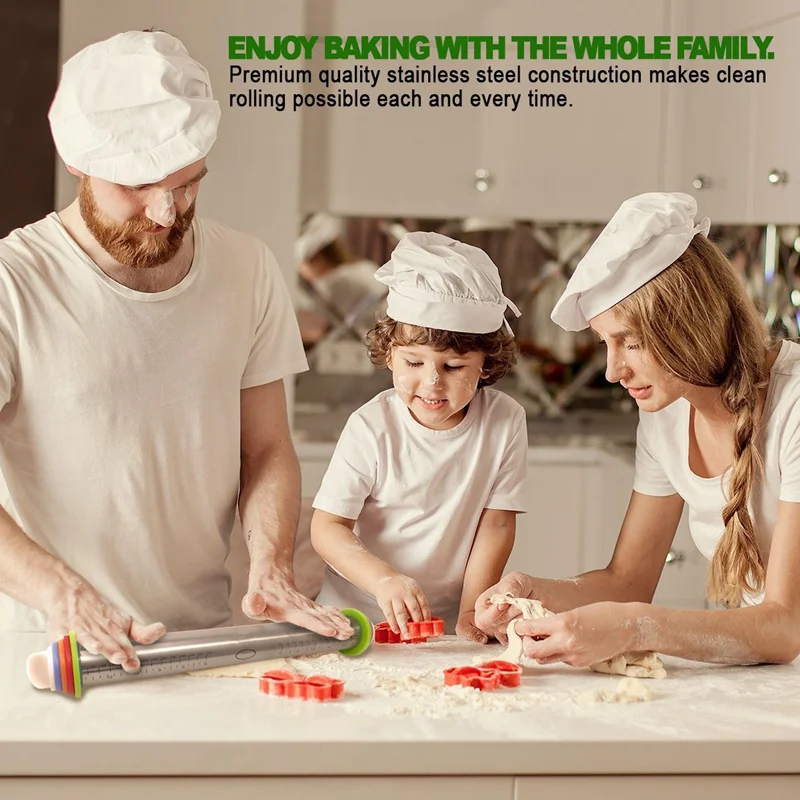 17inch Adjustable Stainless Steel Rolling Pin With Dough Mat Dough Roller with 4 Removable Adjustable Thickness Rings