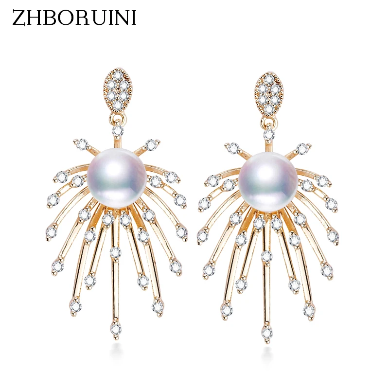 ZHBORUINI New 2024 Trend Pearl Earrings 14k Gold Plating Fireworks 925 Silver Earring For Women 100% Real Natural Pearl Jewelry