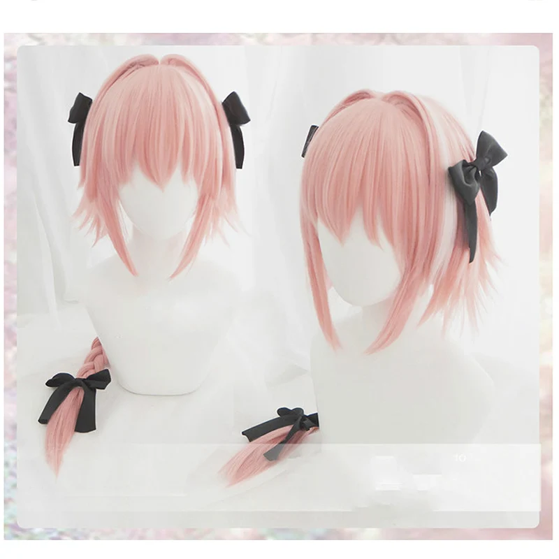 Astolfo Fate Apocryph Cosplay Pruiken Lange Roze Gevlochten Hittebestendige Synthetische Haar Perucas Cosplay Pruik + 3 Zwart Bows + pruik Cap