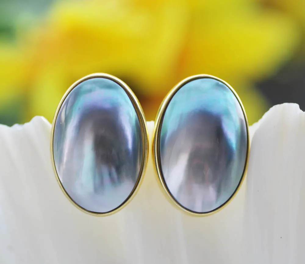 Z11107 22mm Blue Egg-Hemisphere Mabe Pearl Stud Earring Plating 925silver