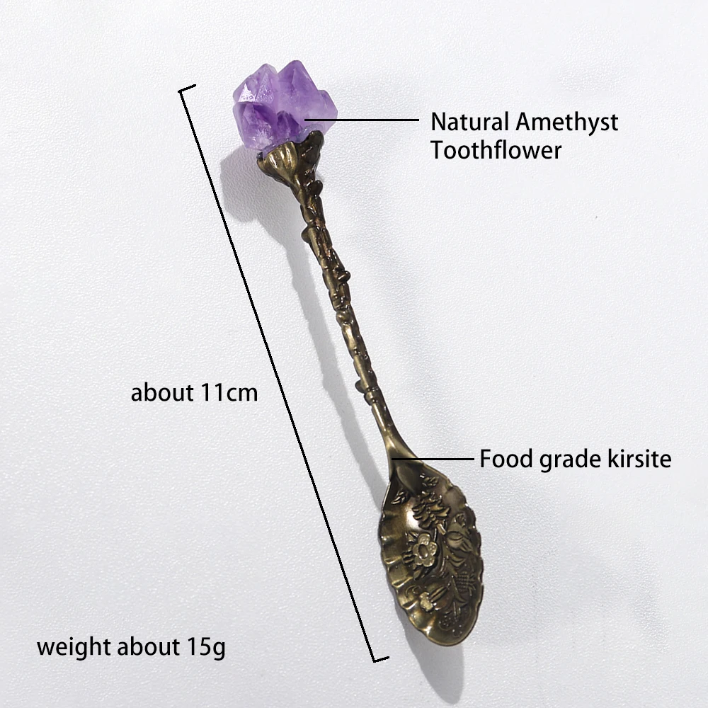 Runyangshi 1pc Natural Amethyst Cluster Teaspoon Energy Crystal Tooth Flower Gem Sweetmeats Spoon Decorate Gift