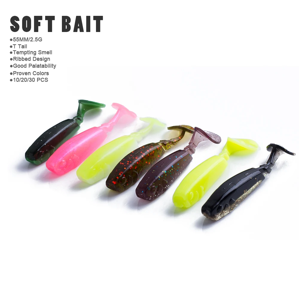 

Hanlin 10pcs/20pcs/30pcs Soft Baits 2.5g 55mm Sinking Fishing Lures Silicone T Tail Jigging Soft Fishing Baits Pike Bass Tackle