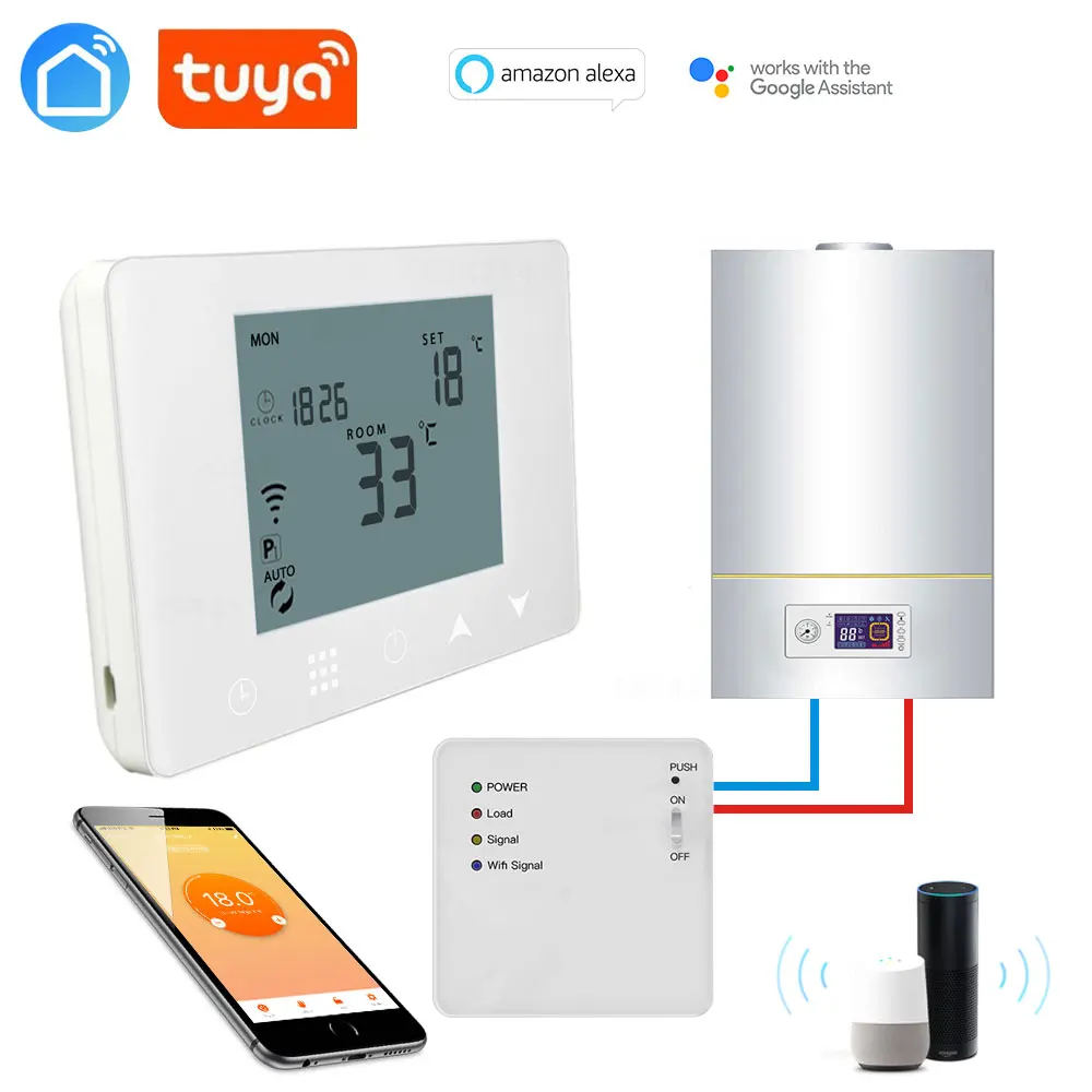 Digital Água Aquecimento Radiador Termostato, TUYA WiFi e RF Sem Fio Receptor Múltiplo, Controlador de Temperatura, Trabalhar com Alexa