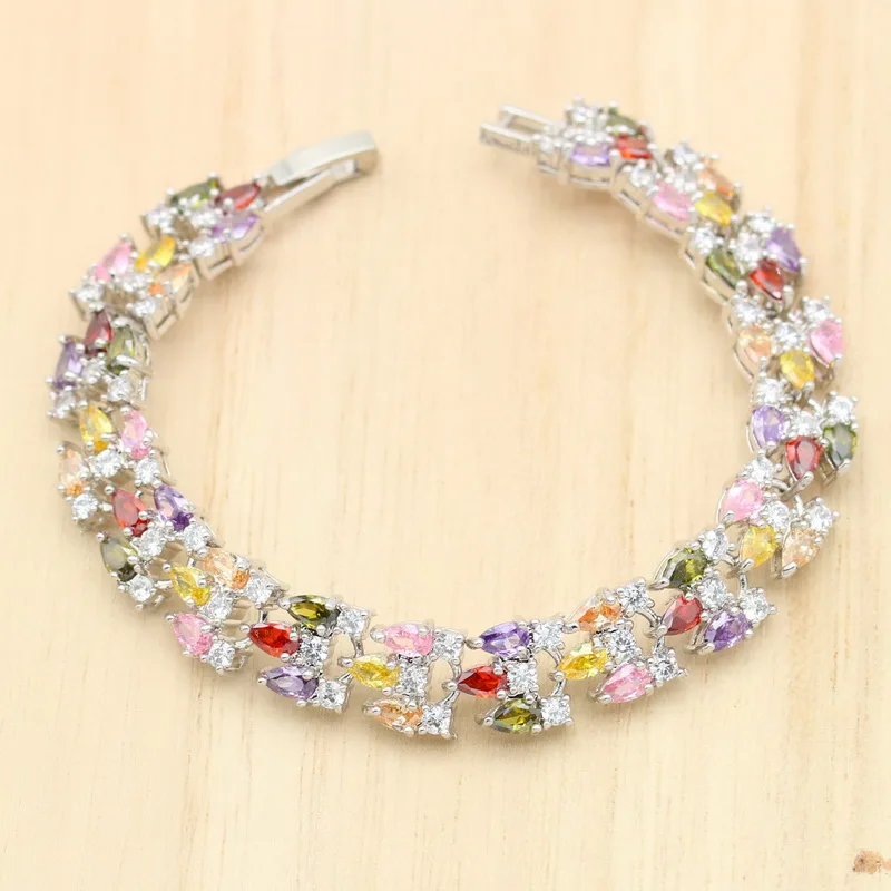 Multi Color Zircon 925 Stamp Women Jewelry Sets Bracelet Earrings Necklace Pendant Ring Wedding Party Birthday Gift