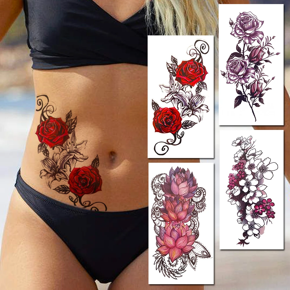 Watercolor Rose Flower Temporary Tattoo For Women Kids Girls Cherry Fake Tattoos Sticker Sexy Lotus Henna Waterproof Tatoo Waist