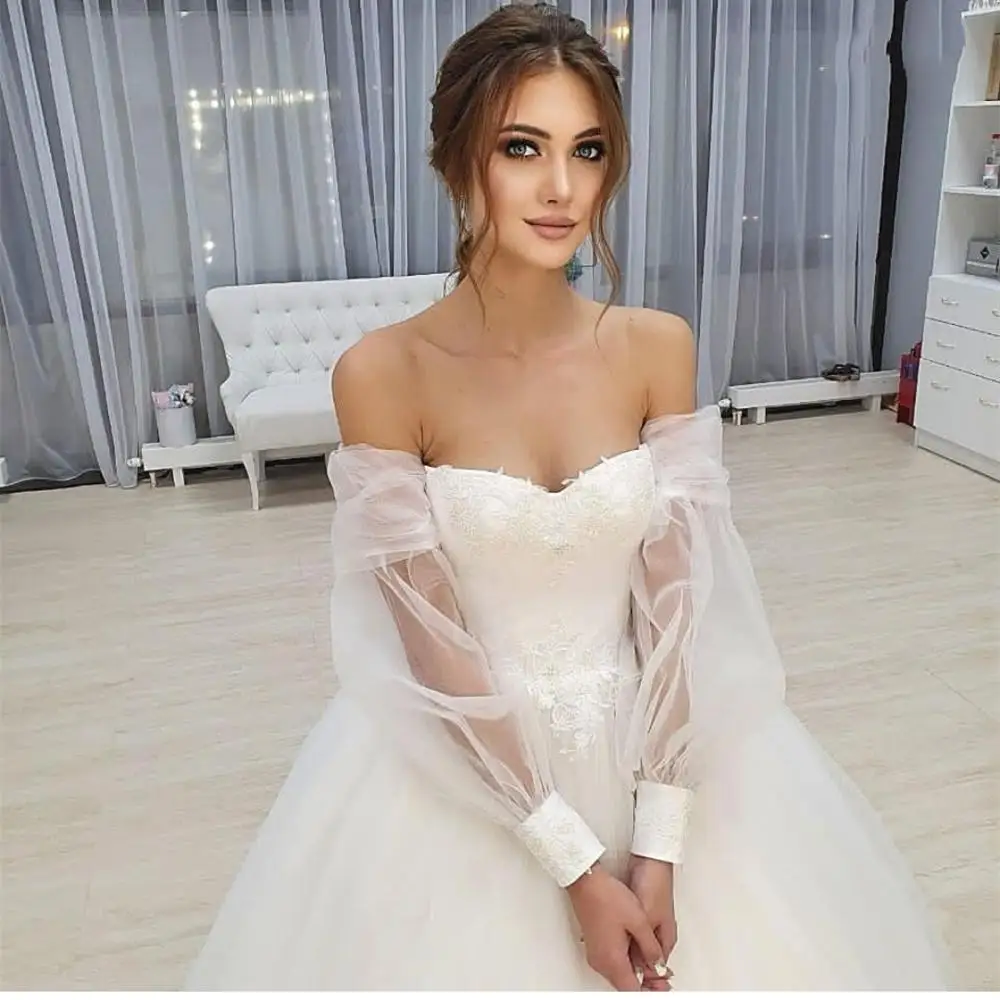 Vestido de novia sin hombros, manga farol, cuello barco largo, línea A, Apliques de encaje, princesa blanca 2021, vestidos de novia con espalda baja de Organza