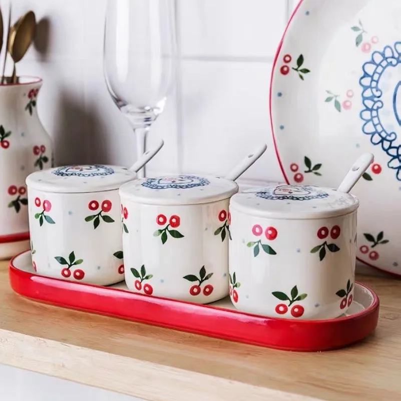 

Seasoning Jar Box Kitchen millimi ранчо икорница с ложкой рыбка контейнер для ложек Supplies Household Cherry Cute Ceramic